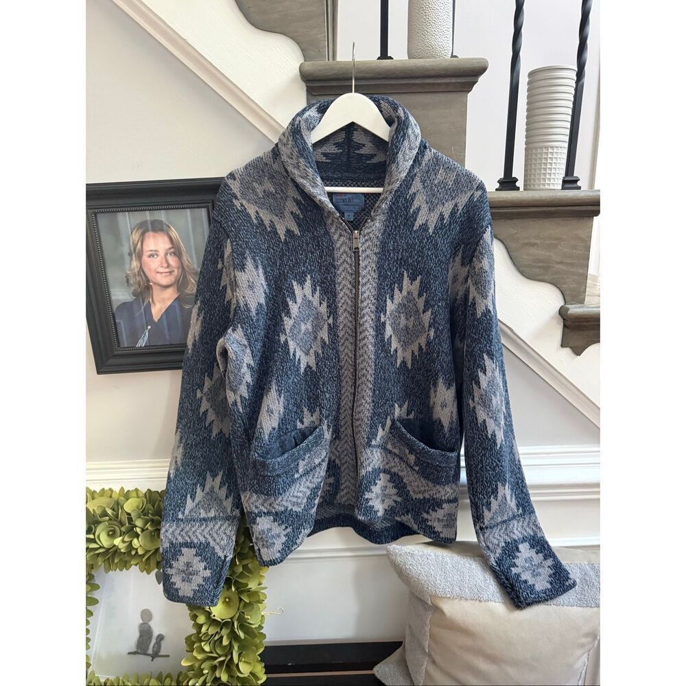 Lucky Brand Men’s Blue & Gray Tribal Print Boho Festival Zip Up Cardigan Sweater